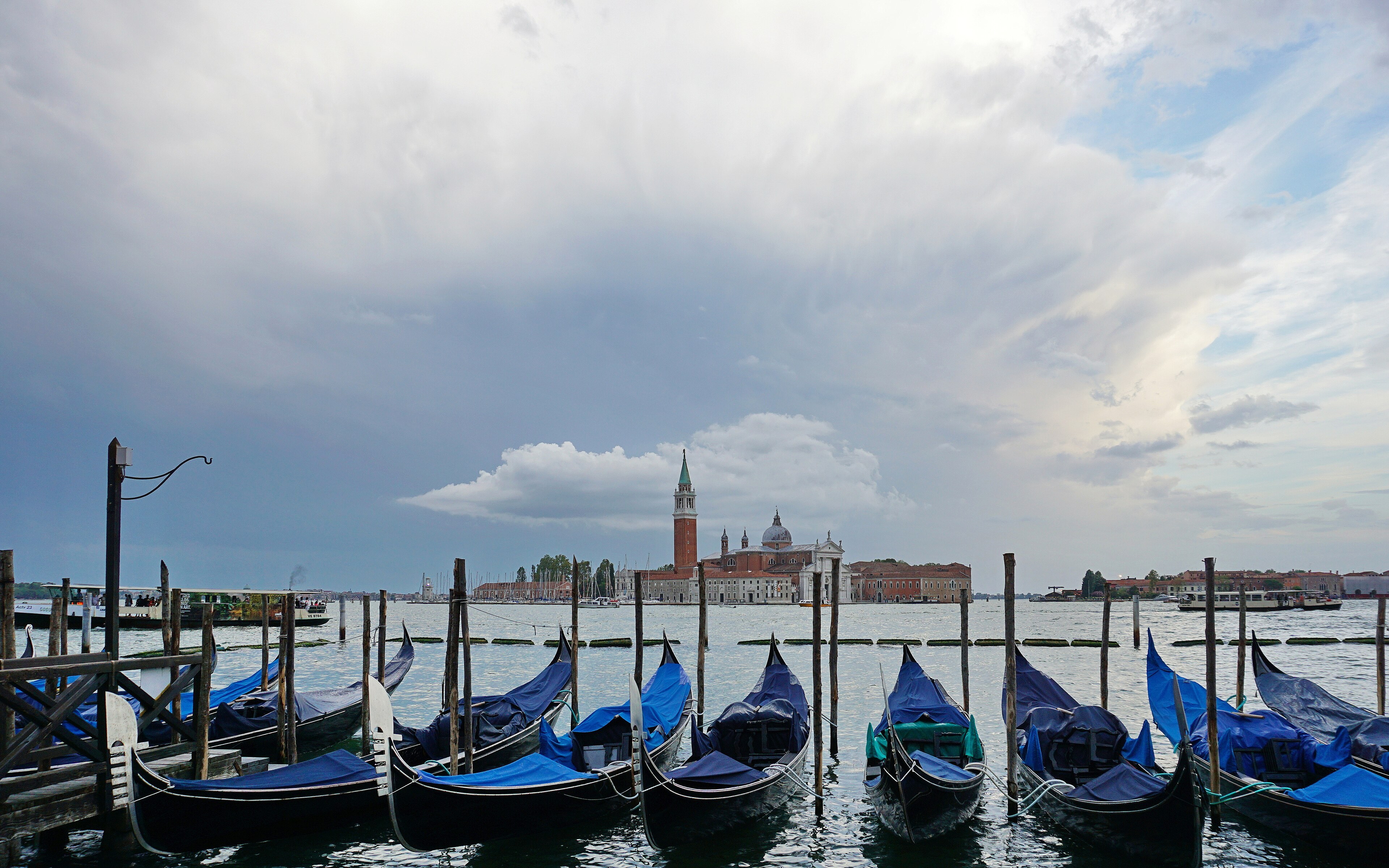 Moored gondolas at the Molo in front of Palazzo Ducale